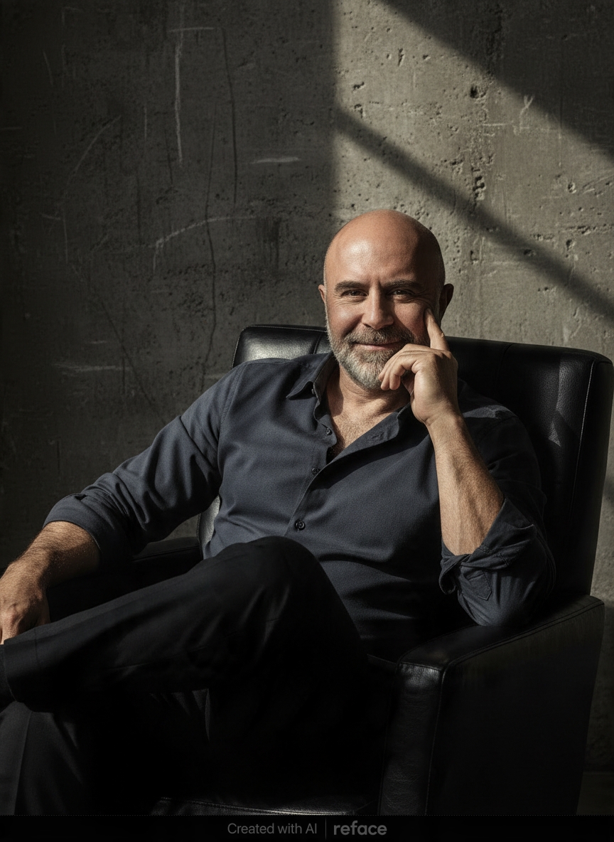 Ilyes Hassib, Founder and Principal of Vector Risk Group — bald man with beard seated in black leather chair